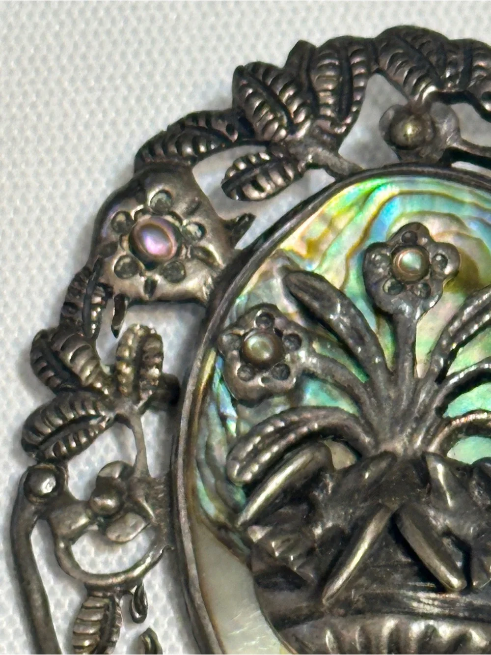 Vintage Mexican sterling silver and abalone shell floral brooch and pendant.